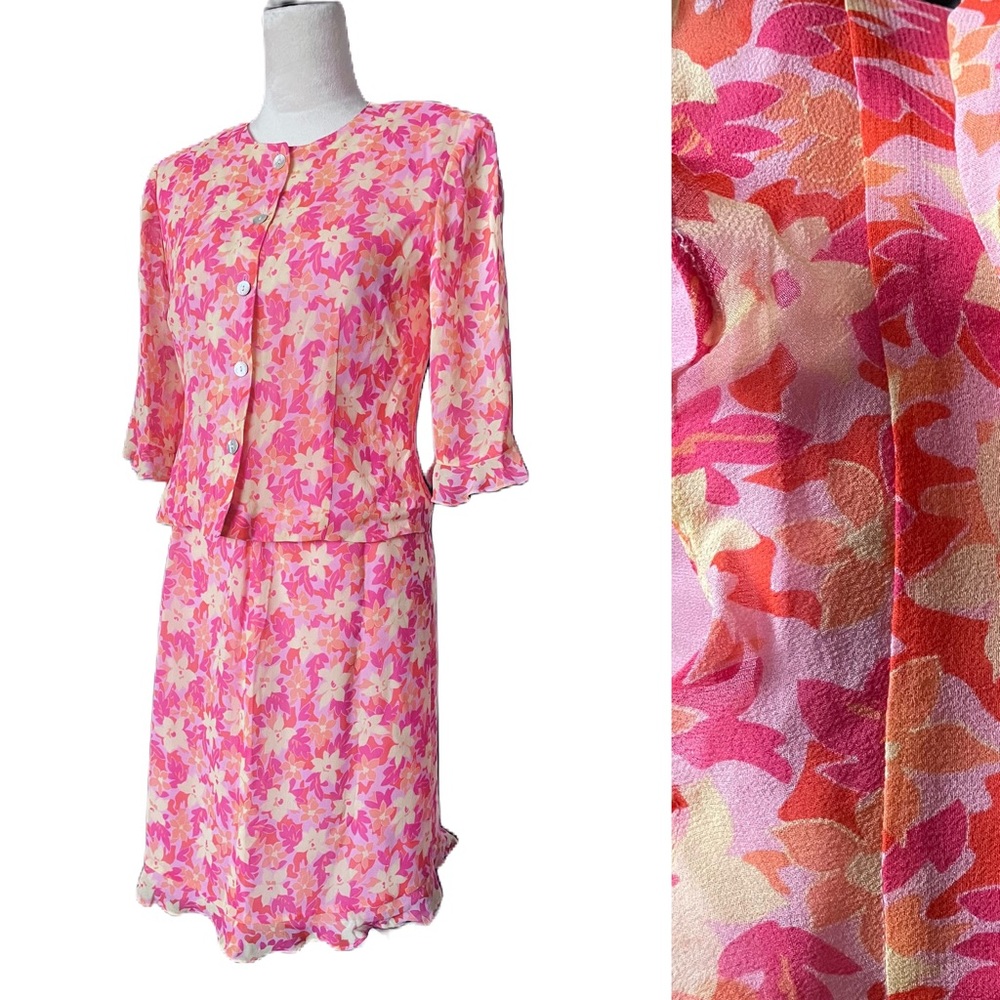 Vintage 100% Silk Floral Skirt Suit Set